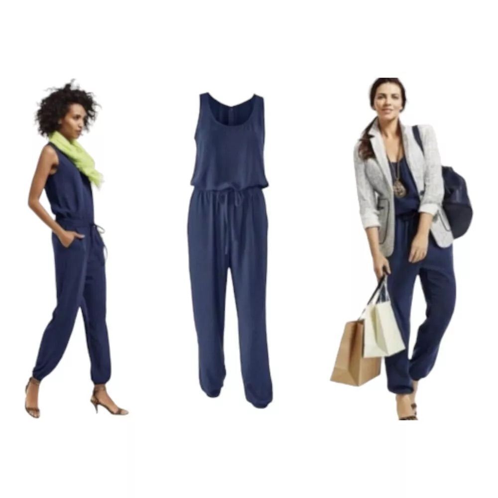 CAbi Sleeveless Jumpsuit Drawstring Waist Jogger-Style Zip-Back Navy-Blue W US S